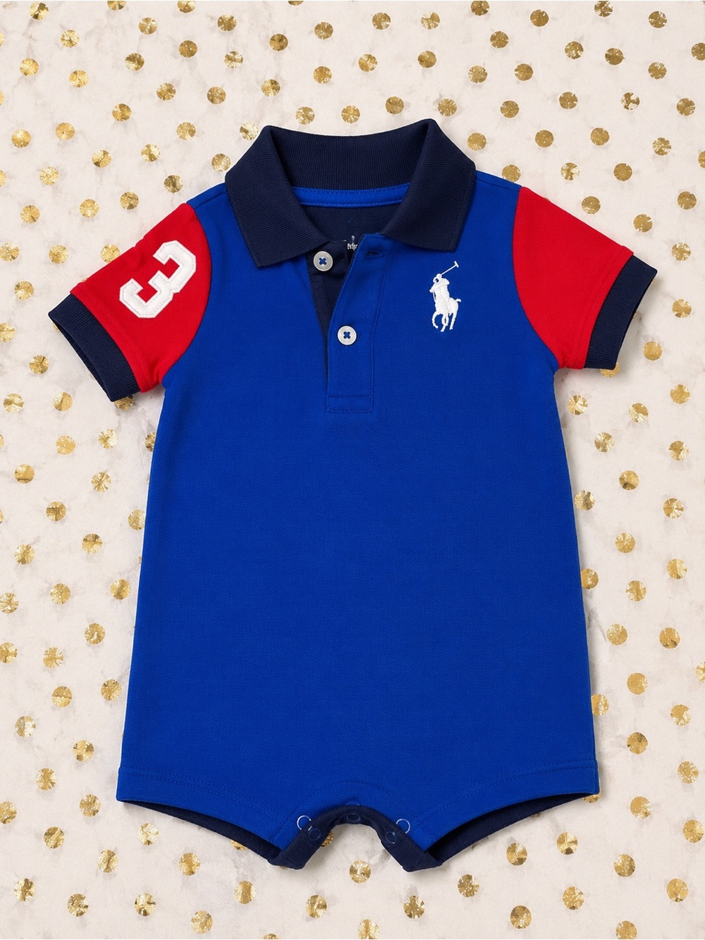 Ralph Lauren Blue and Red Polo Romper with Navy Collar